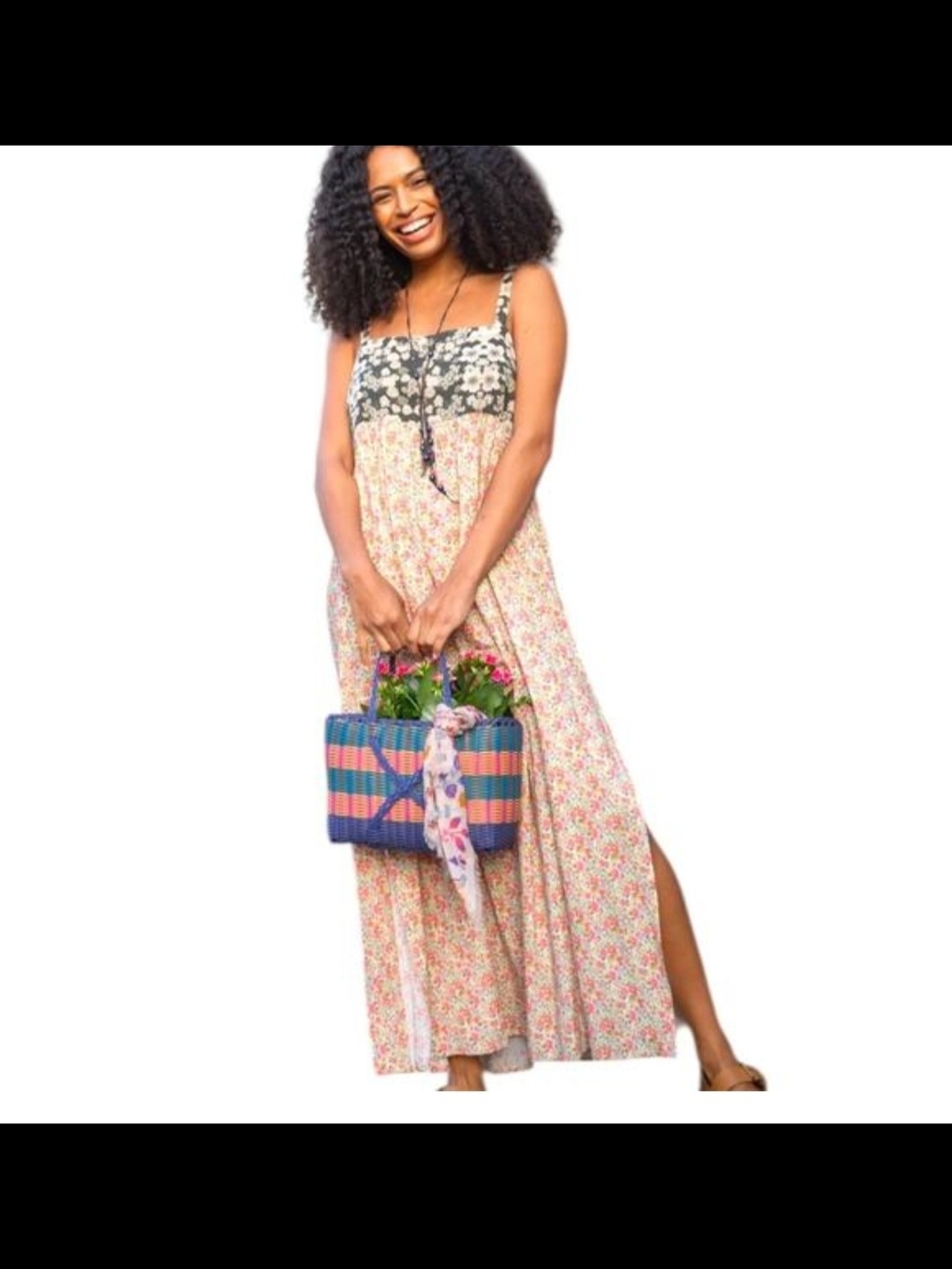 NATURAL LIFE Black Bodice Floral Pink Split Maxi Dress with Spaghetti Straps